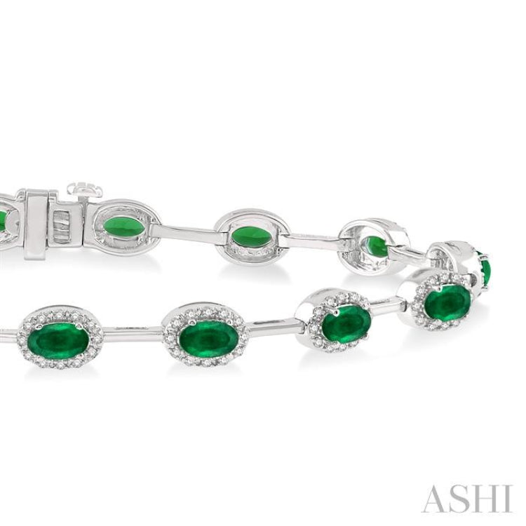 5x3 MM Oval Cut Emerald and 5/8 Ctw Round Cut Diamond Precious Bracelet in 14K White Gold