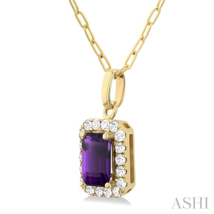 6x4 MM Octagonal Shape Amethyst and 1/6 Ctw Round Cut Diamond Halo Semi-Precious Pendant with Chain in 14K Yellow Gold