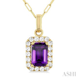 6x4 MM Octagonal Shape Amethyst and 1/6 Ctw Round Cut Diamond Halo Semi-Precious Pendant with Chain in 14K Yellow Gold