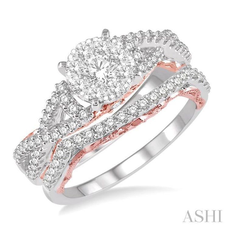 7/8 Ctw Lovebright Diamond Wedding Set With 5/8 Ctw Round Entwined Shank Engagement Ring and 1/5 Ctw Wedding Band in 14K White and Rose Gold