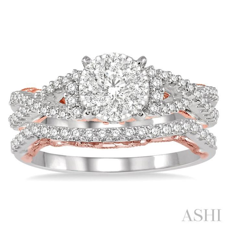 7/8 Ctw Lovebright Diamond Wedding Set With 5/8 Ctw Round Entwined Shank Engagement Ring and 1/5 Ctw Wedding Band in 14K White and Rose Gold