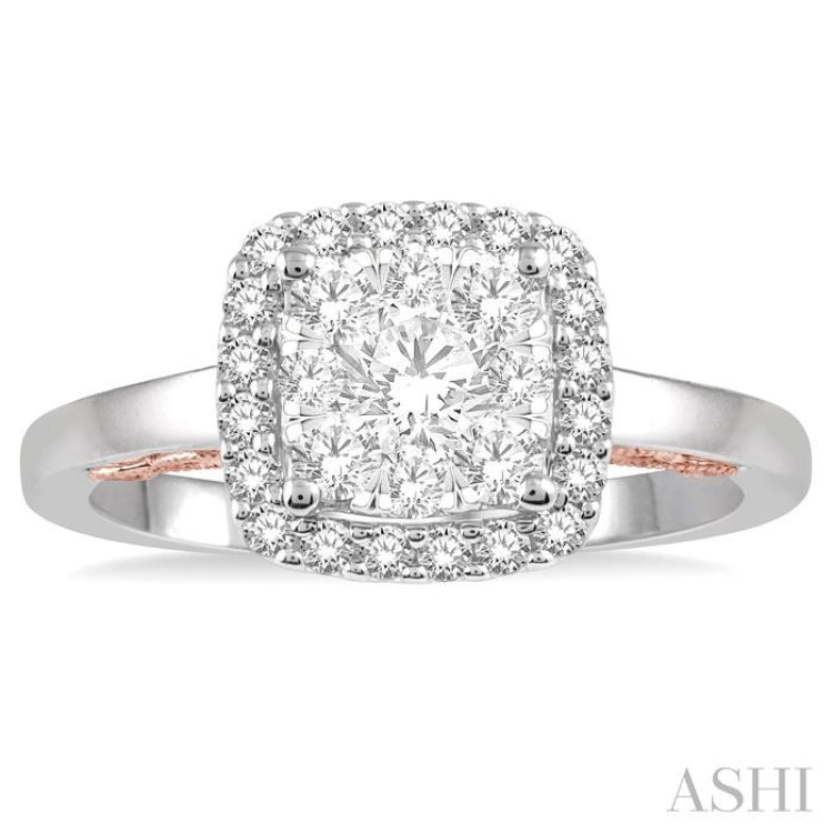 3/4 ctw Cushion Shape Lovebright Round Cut Diamond Ring in 14K White and Rose Gold