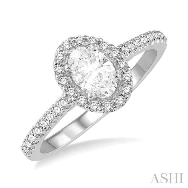 3/8 ctw Diamond Ladies Engagement Ring with 1/4 Ct Oval Cut Center Stone in 14K White Gold