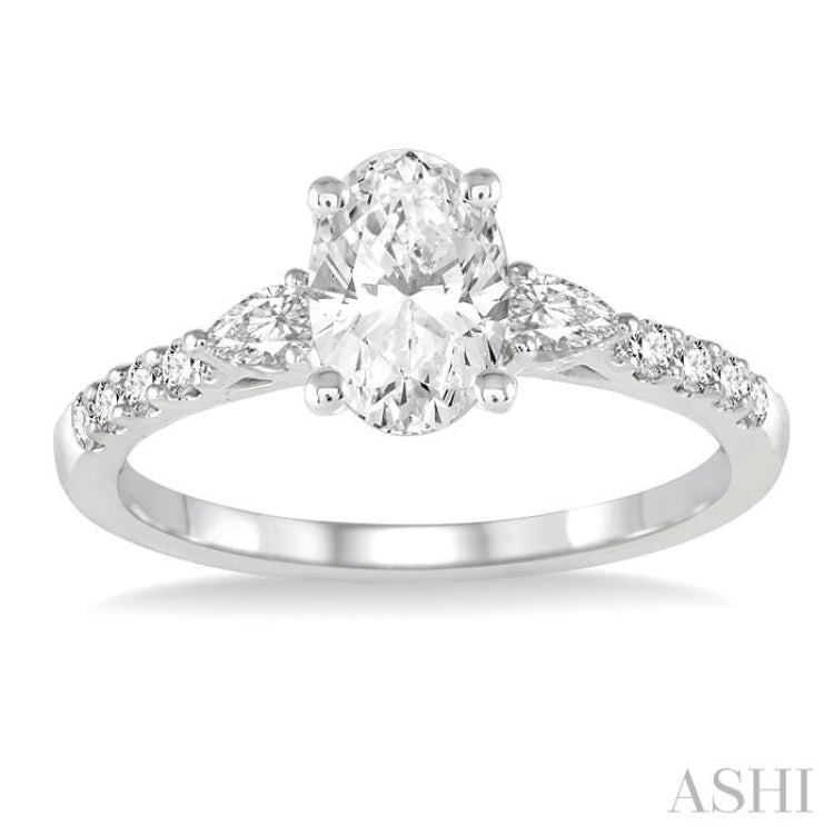 7/8 Ctw Pear & Round Cut Diamond Engagement Ring With 1/2 Ct Oval Cut Center Stone in 14K White Gold