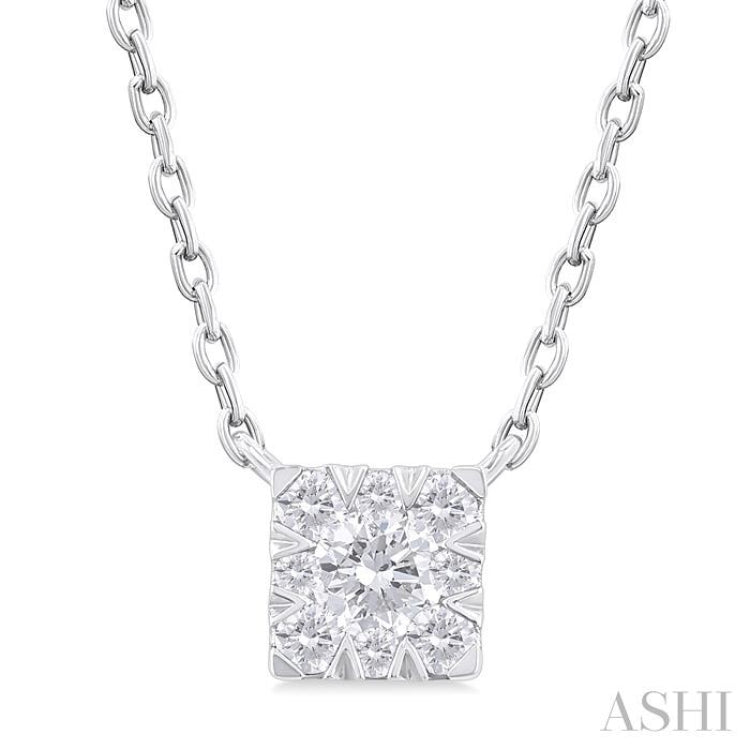 1/10 Ctw Lovebright Petite Square Shape Round Cut Diamond Fashion Pendant With Chain in 10K White Gold