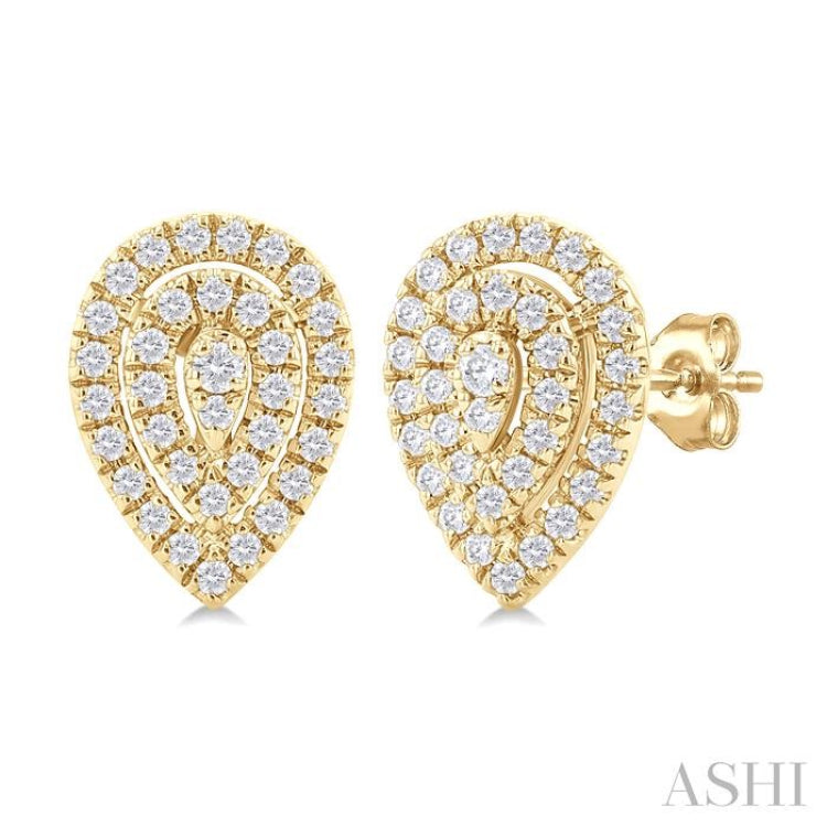 1/5 Ctw Double Halo Pear Shape Petite Round Cut Diamond Fashion Stud Earring in 10K Yellow Gold