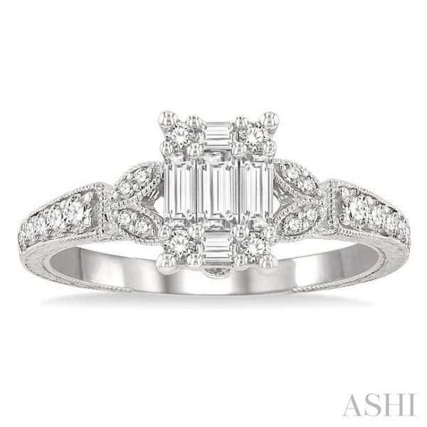 1/2 ctw Carved Shank Fusion Baguette and Round Cut Diamond Engagement Ring  in 14K White Gold