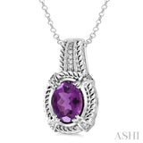 9x7 MM Oval Cut Amethyst and 1/50 Ctw Single Cut Diamond Pendant in Sterling Silver with Chain