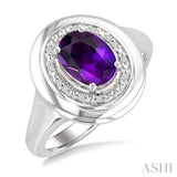 8x6 MM Oval Shape Amethyst and 1/20 Ctw Single Cut Diamond Semi-precious Ring in Sterling Silver