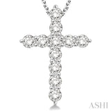 1 1/2 Ctw Round Cut Diamond Cross Pendant in 14K White Gold with Chain
