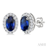 5x3 MM Oval Shape Sapphire and 1/8 Ctw Single Cut Diamond Halo Precious Stud Earrings in 14K White Gold