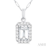 6x4 MM Octagonal Shape White Topaz and 1/6 Ctw Round Cut Diamond Halo Semi-Precious Pendant with Chain in 14K White Gold