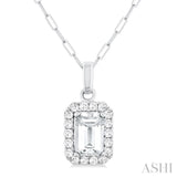 6x4 MM Octagonal Shape White Topaz and 1/6 Ctw Round Cut Diamond Halo Semi-Precious Pendant with Chain in 10K White Gold