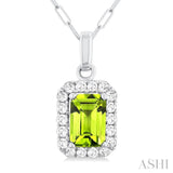 6x4 MM Octagonal Shape Peridot and 1/6 Ctw Round Cut Diamond Halo Semi-Precious Pendant with Chain in 10K White Gold
