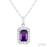 6x4 MM Octagonal Shape Amethyst and 1/6 Ctw Round Cut Diamond Halo Semi-Precious Pendant with Chain in 10K White Gold