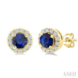 3.25 MM Round Sapphire and 1/10 Ctw Round Cut Diamond Halo Precious Stud Earrings in 14K Yellow Gold