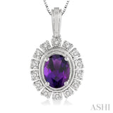 8x6 MM Oval Shape Amethyst and 1/10 Ctw Round Cut Diamond Semi-Precious Pendant With Chain in 10K White Gold