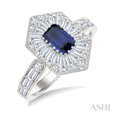 1 Ctw Art Deco Hexagon 6X4MM Octagon Shape Sapphire, Baguette and Round Cut Diamond Precious Fashion Ring in 14K White Gold