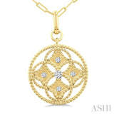 1/5 Ctw Floral Motif Round Cut Diamond Circle Medallion Fashion Pendant With Chain in 14K Yellow Gold