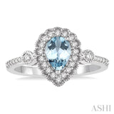 7X5MM Pear shape Aquamarine Center and 1/4 Ctw Round Cut Diamond Precious Stone Ring in 14K White Gold