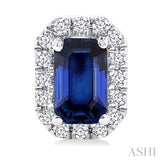 5x3 MM Octagonal Shape Sapphire and 1/8 Ctw Round Cut Diamond Halo Precious Stud Earrings in 14K White Gold