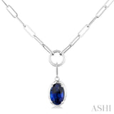 6x4 MM Oval Cut Sapphire Solitaire Precious Paperclip Pendant With Chain in 10K White Gold