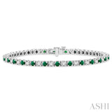 2.5 MM Emerald and 1 1/2 Ctw Round Cut Diamond Square Box Link Precious Tennis Bracelet in 14K White Gold