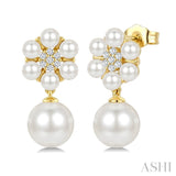 3MM & 7MM White Cultured Pearl and 1/10 Ctw Floral Round Cut Diamond Fashion Earrings in 10K Yellow Gold