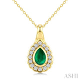 6X4 MM Pear Shape Emerald and 1/6 Ctw Round Cut Diamond Bold Precious Pendant With Chain in 10K Yellow Gold