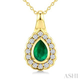 6X4 MM Pear Shape Emerald and 1/6 Ctw Round Cut Diamond Bold Precious Pendant With Chain in 10K Yellow Gold