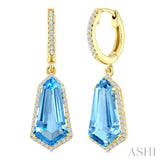 14X7 MM Evoque Gemstones Shield Shape Blue Topaz and 3/8 Ctw Round Cut Diamond Semi-Precious Earrings in 14K Yellow Gold