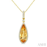 16X6 MM Evoque Gemstone Pear Shape Citrine and 1/5 Ctw Round Cut Diamond Semi-Precious Pendant With Chain in 10K Yellow Gold