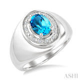 8X6 MM Oval Shape Blue Topaz and 1/20 Ctw Round Cut Diamond Semi-Precious Ring in Sterling Silver