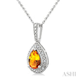 7X5 MM Pear Shape Citrine and 1/50 Ctw Round Cut Diamond Semi-Precious Pendant With Chain in Sterling Silver