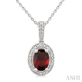 7X5 MM Oval Shape Garnet and 1/50 Ctw Round Cut Diamond Semi-Precious Pendant With Chain in Sterling Silver