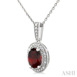 7X5 MM Oval Shape Garnet and 1/50 Ctw Round Cut Diamond Semi-Precious Pendant With Chain in Sterling Silver