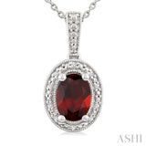 7X5 MM Oval Shape Garnet and 1/50 Ctw Round Cut Diamond Semi-Precious Pendant With Chain in Sterling Silver