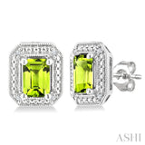 6X4 MM Octagon Shape Peridot and 1/50 Ctw Round Cut Diamond Semi-Precious Earrings in Sterling Silver