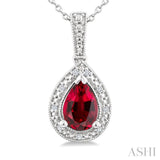 7X5 MM Pear Shape Lab-Created Ruby and 1/50 Ctw Round Cut Diamond Precious Pendant With Chain in Sterling Silver
