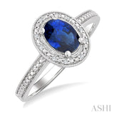 7X5 MM Oval Shape Lab-Created Sapphire and 1/50 Ctw Round Cut Diamond Precious Ring in Sterling Silver