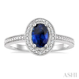 7X5 MM Oval Shape Lab-Created Sapphire and 1/50 Ctw Round Cut Diamond Precious Ring in Sterling Silver