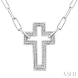 1/10 Ctw Round Cut Diamond Cross Pendant With Paperclip Chain in Sterling Silver