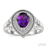 9X6MM Pear Cut Amethyst and 1/20 Ctw Round Cut Diamond Semi-Precious Ring in Sterling Silver