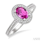 7X5 MM Oval Shape Lab-Created Pink Sapphire and 1/50 Ctw Round Cut Diamond Precious Ring in Sterling Silver