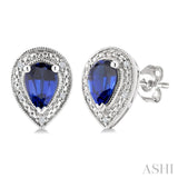 6X4 MM Pear Shape Lab-Created Sapphire and 1/50 Ctw Round Cut Diamond Precious Earrings in Sterling Silver