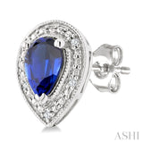 6X4 MM Pear Shape Lab-Created Sapphire and 1/50 Ctw Round Cut Diamond Precious Earrings in Sterling Silver