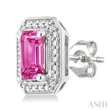 6X4 MM Octagon Shape Lab-Created Pink Sapphire and 1/50 Ctw Round Cut Diamond Precious Earrings in Sterling Silver