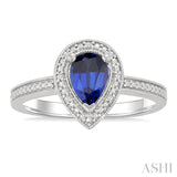 7X5 MM Pear Shape Lab-Created Sapphire and 1/50 Ctw Round Cut Diamond Precious Ring in Sterling Silver