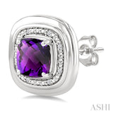 6 MM Cushion Shape Amethyst and 1/20 Ctw Round Cut Diamond Bold Semi-Precious Earrings in Sterling Silver