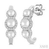 3MM & 4MM Cultured Pearl and 1/4 Ctw Round Cut Diamond Halo Half Hoop Earrings in 14K White Gold
